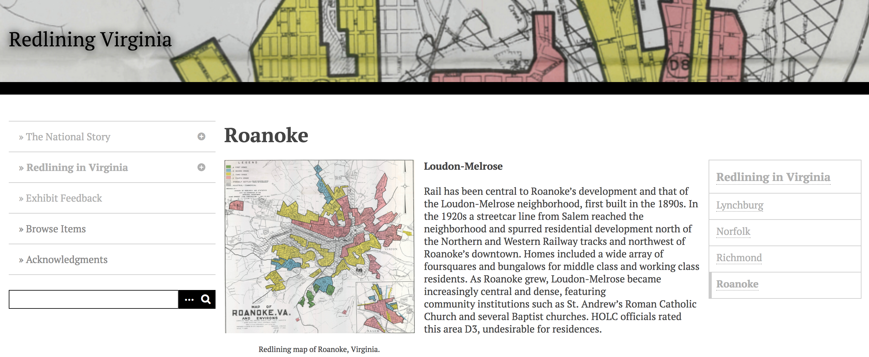 Screenshot of Redlining Virginia project site showing a map of Roanoke =